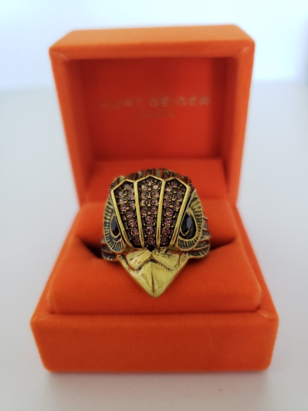 Kurt Geiger XL Eagle Head Crystal Emblem Chunky Ring 8.5
